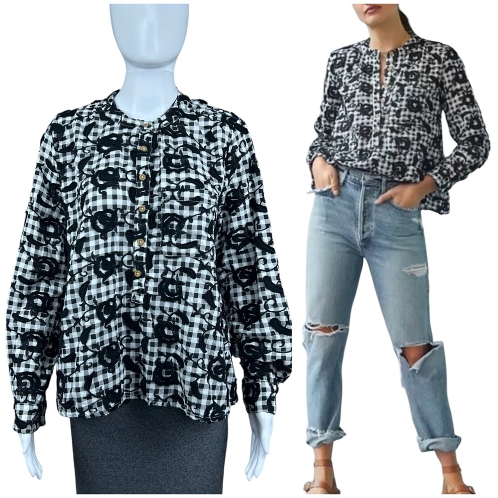 Anthropologie Pilcro The Whitney Texured Trapeze Embroidered Buttondown Shirt XS